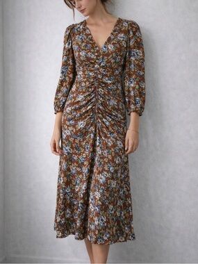 Floret Studios Romantic Boho Ruched Floral Puff Sleeve Midi Dress Medium Cottage